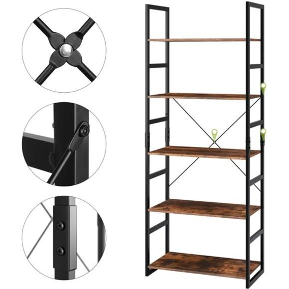 Bookshelf Rack 5 Tier Vintage Bookcase Shelf - Picture 6 of 7